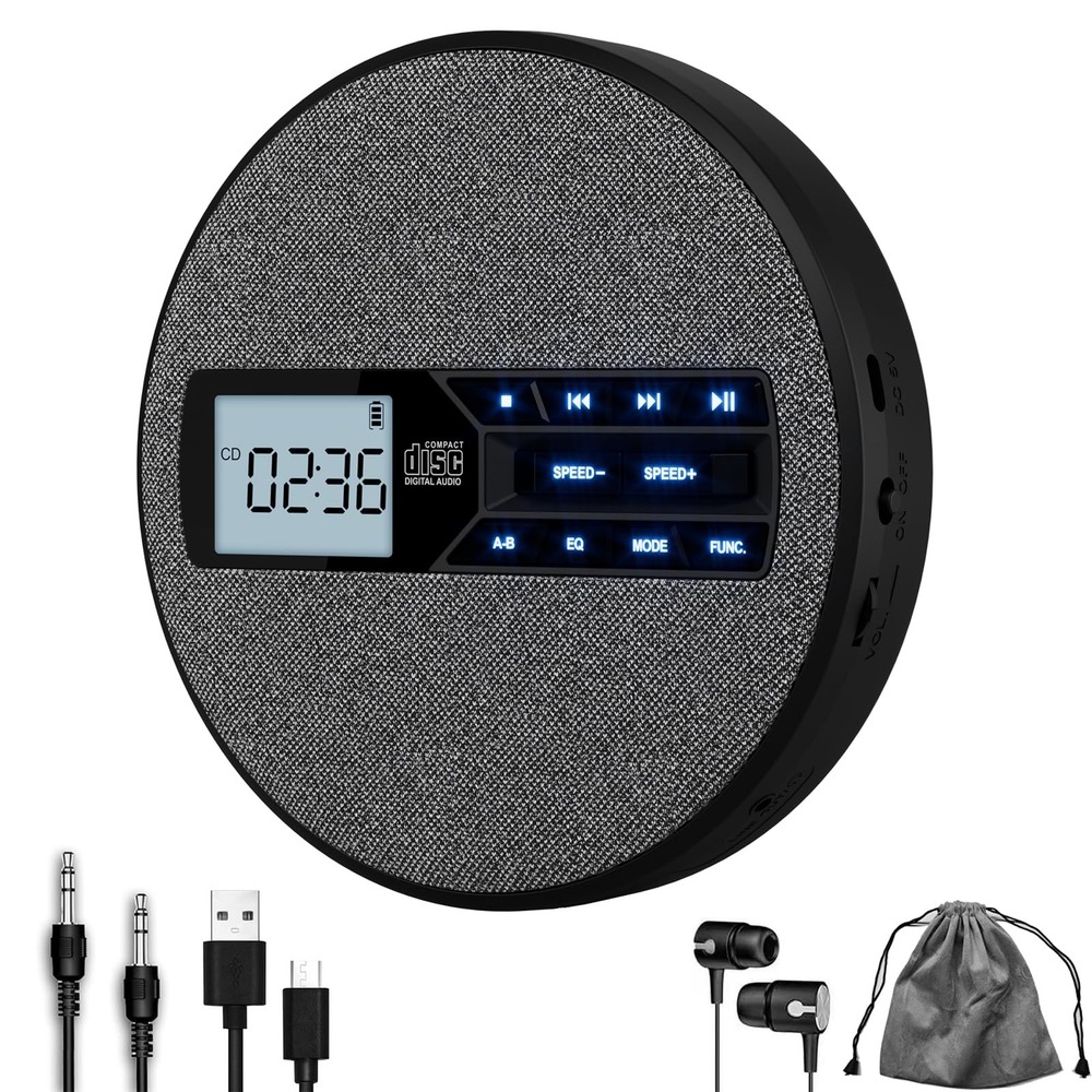 NWT Portable CD Player Rechargeable Dual Speakers Anti Skip USB AUX LCD Black